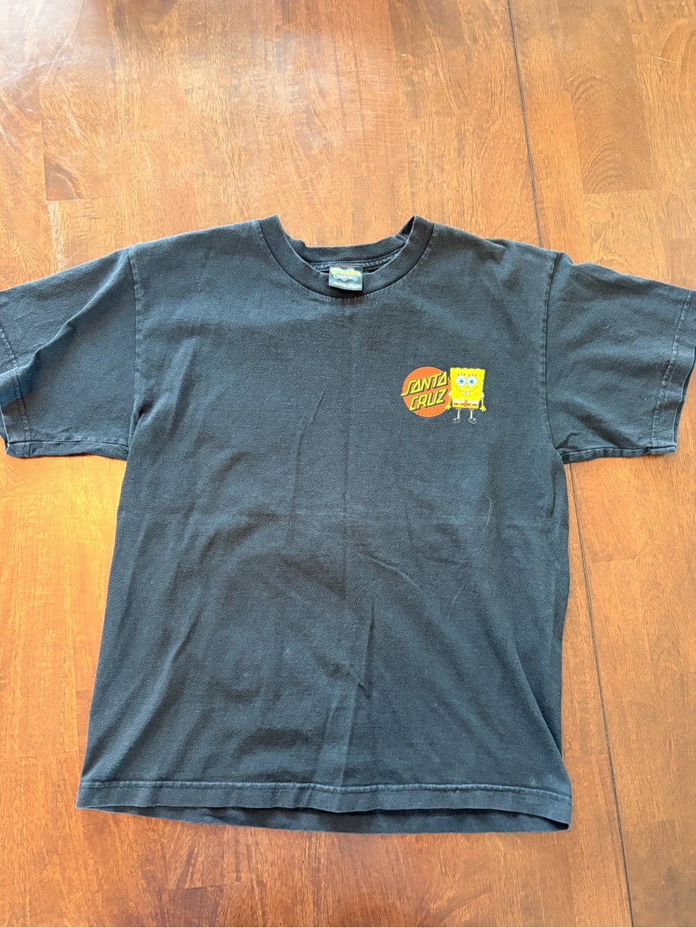 Santa Cruz Skateboards Black Kids Tee with Yellow SpongeBob Chest Graphic
